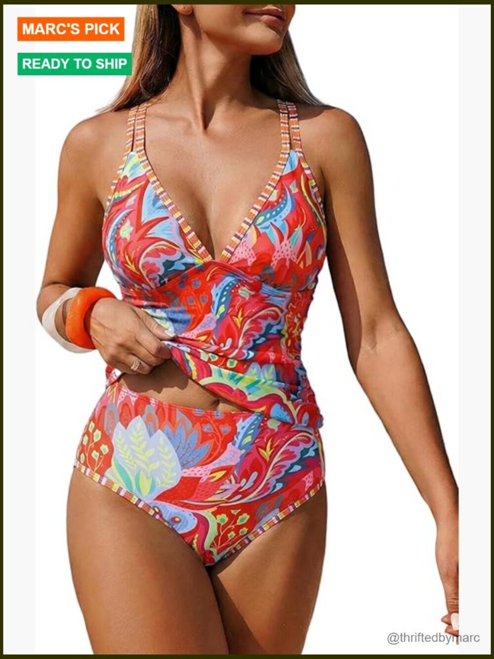 High Waisted Tummy Control Tankini Set V Neck Swimwear Modest Bathing Suit